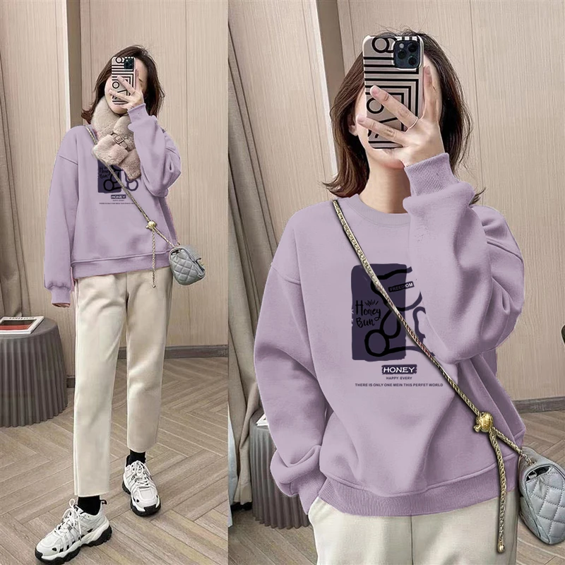 圆领套头打底衫加绒加厚卫衣女2025秋冬季新款宽松韩版潮情侣外套