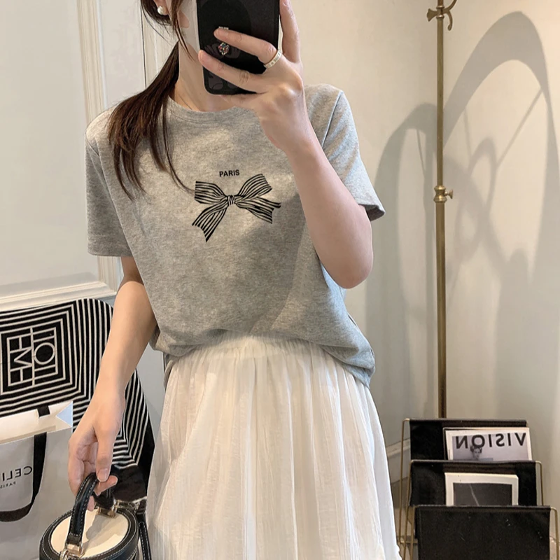 2024新款正肩圆领短袖t恤女时尚高腰百搭洋气白色上衣打底衫夏季