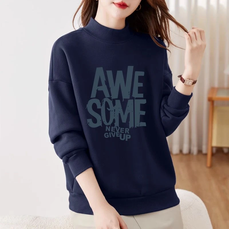 半高领套头印花打底衫加绒加厚卫衣女2024秋冬季新款宽松韩版外套