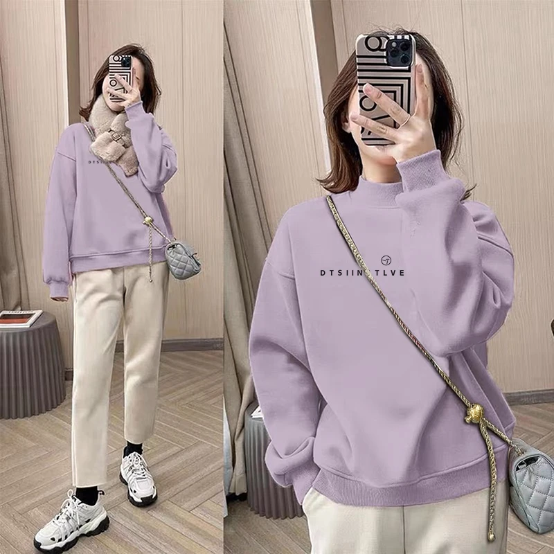 半高领套头印花打底衫加绒加厚卫衣女2025秋冬季新款宽松韩版外套