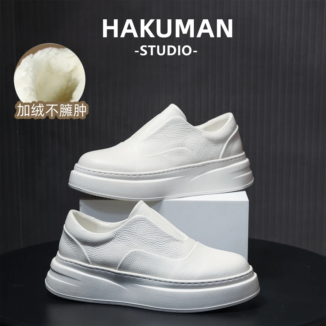 【冬季加绒款】高级小白鞋头层牛皮软底厚底轻便免系带套脚皮鞋简约