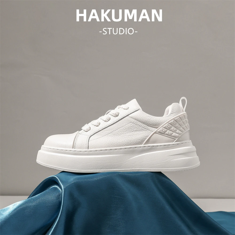 HAKUMAN秋季小众ins头层牛皮小白鞋美拉德厚底板鞋男士增高系带潮