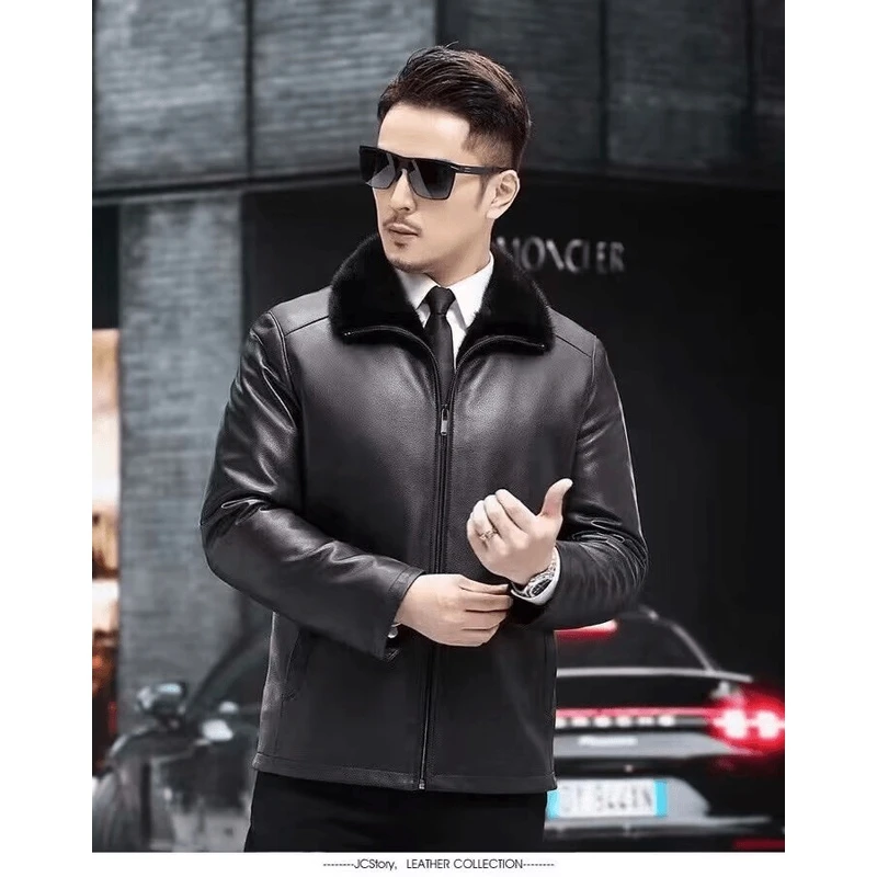 海宁男士真皮山羊皮水貂皮衣秋冬翻领保暖休闲商务