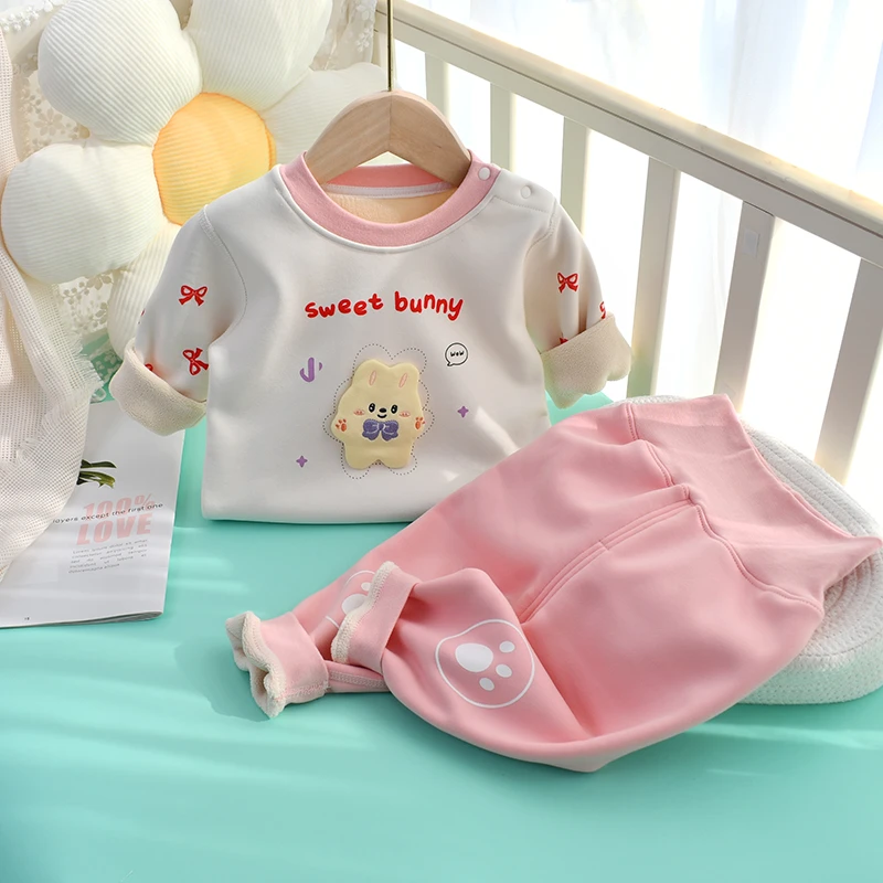 女宝宝保暖衣套装加绒秋冬高腰加厚保洋气打底家居服婴幼儿保暖衣