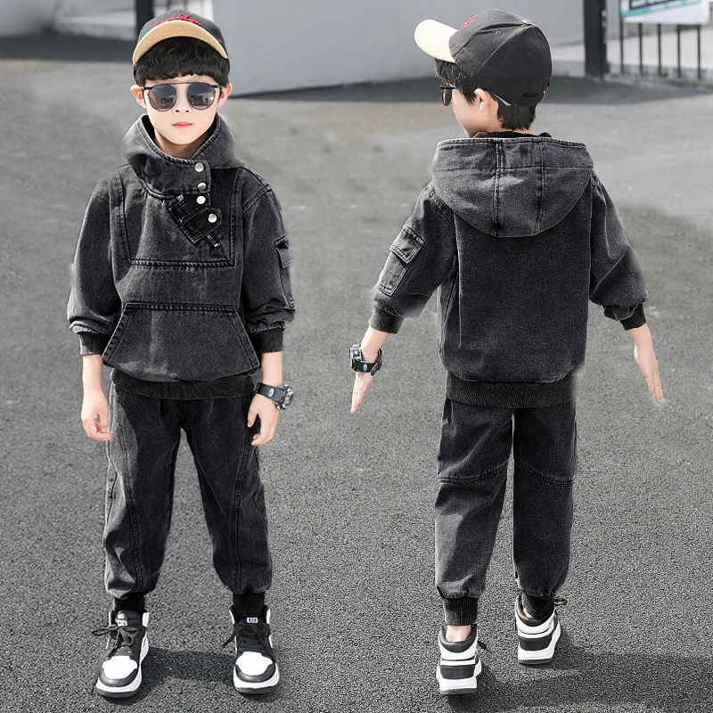 淘迪猫童装男童套装儿套头牛仔套装秋季新款卫衣中大童牛仔两件套