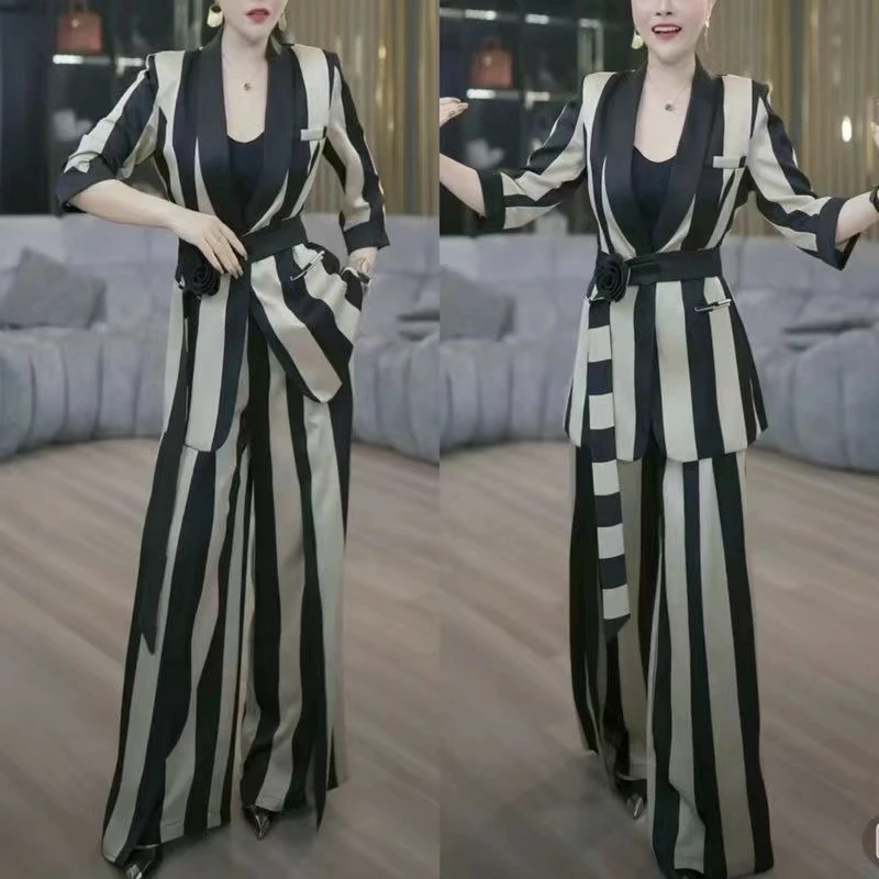 气质时尚春夏网红爆款百搭显瘦阔腿裤休闲条纹套装西装裙子潮1139