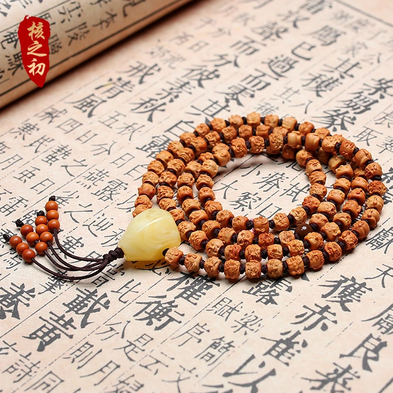 橄榄核核尖手串 手工雕刻核尖108罗汉长串核雕文玩罗汉脖挂项链男
