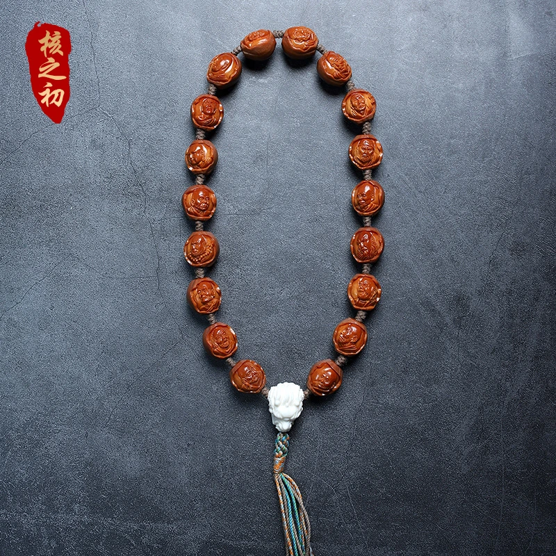 橄榄核罗汉手串铁核手工雕刻三疯款单面原皮十八罗汉手持把件男女