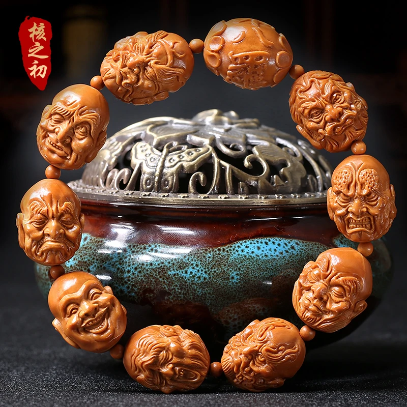 橄榄核十八罗汉手串男19大籽手工雕刻双面罗汉橄榄胡核雕文玩手链