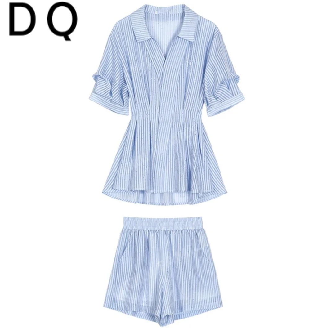 蜜瓜绿条纹法式V领收腰衬衫夏季气质减龄时尚显瘦上衣牛仔蓝色