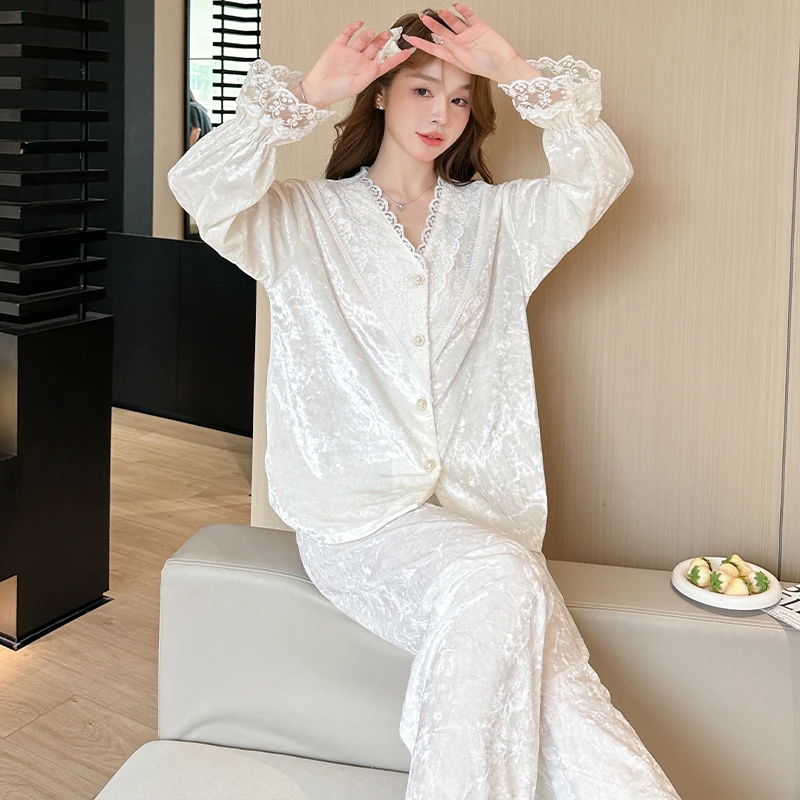 【睡美人】金丝绒睡衣女秋冬季长袖开衫宫廷风性感蕾丝边家居服套装