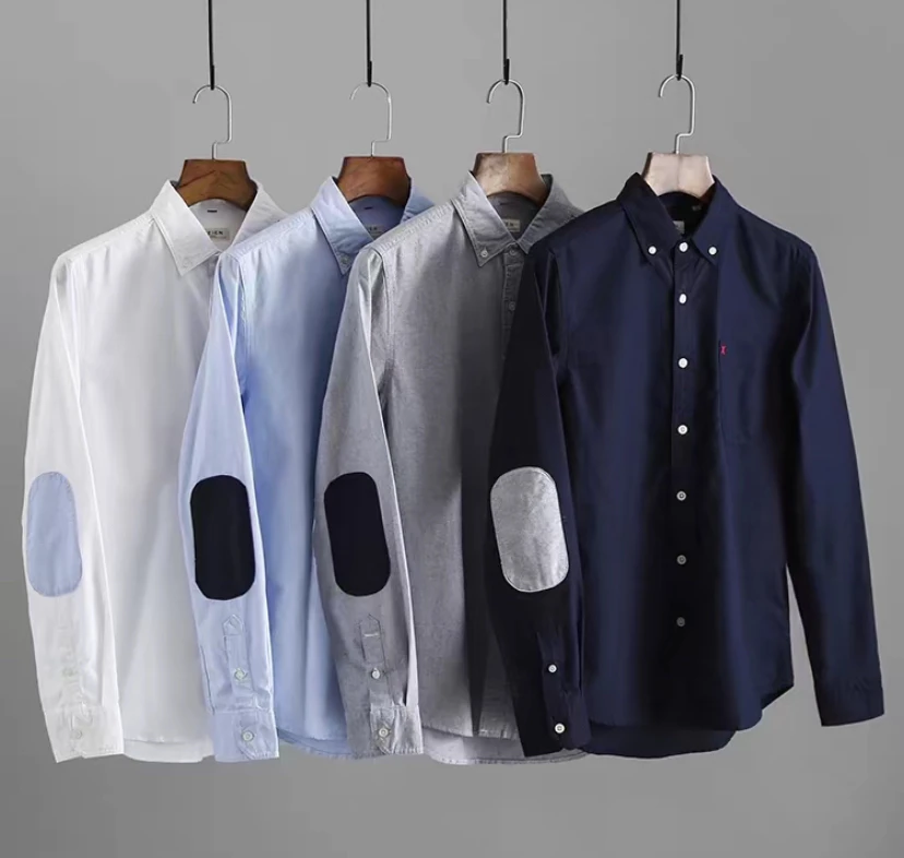 秋季新款男士修身休闲百搭牛津纺长袖衬衫手肘贴布设计