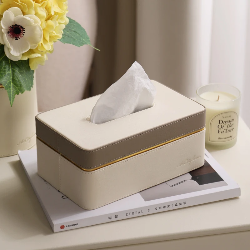 高档拼色纸巾盒轻奢客厅卧室床头柜现代简约高级感皮革抽纸盒软装