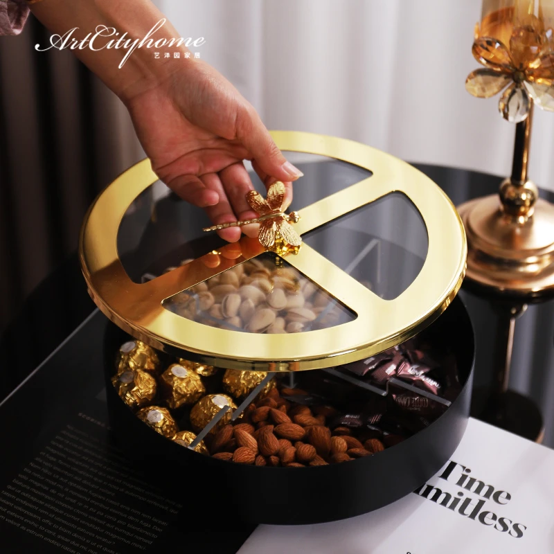 过年糖果盒高档轻奢家用客厅密封带盖合金蜻蜓干果收纳盘2025新款