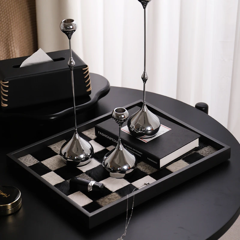 棋盘格托盘首饰香薰钥匙高档马毛黑白收纳盘玄关家居酒店装饰摆件