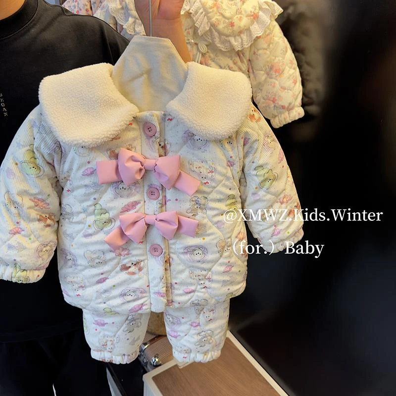 女童24冬季新款韩系蝴蝶结家居服两件套小童三层夹棉加绒加厚套装