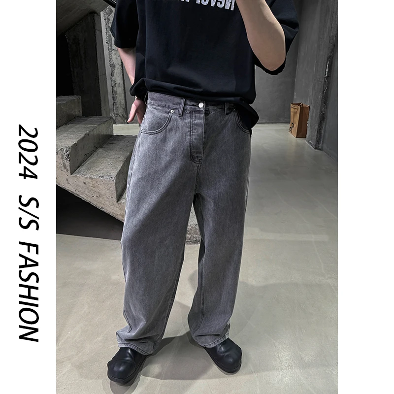 【叶继枫】24 S/S 黑标极简纯色复古慵懒宽松直筒阔腿烟灰色牛仔裤