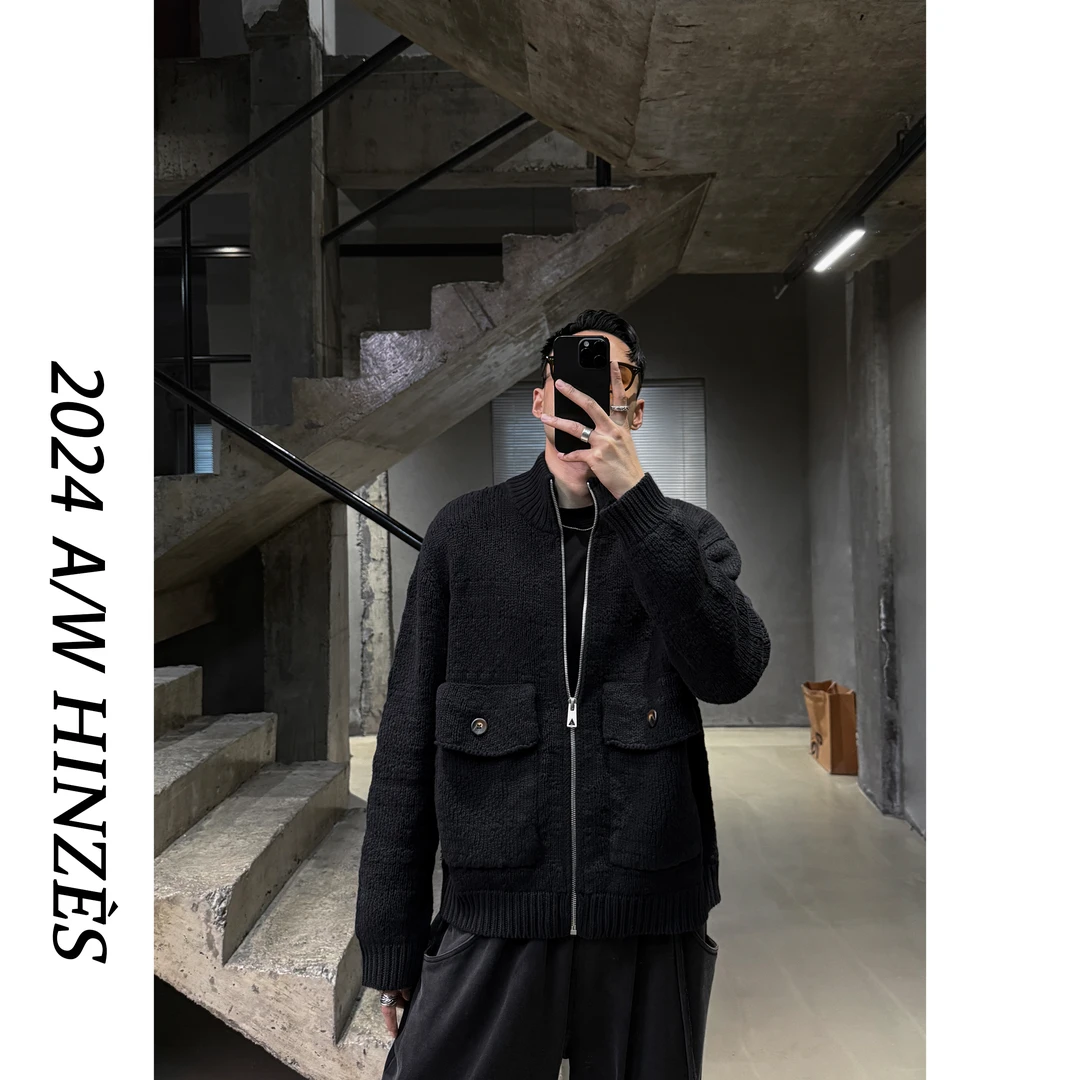 【叶继枫】680g 手工粗针简约立领廓型牛角扣贴袋拉链开衫毛衣外套