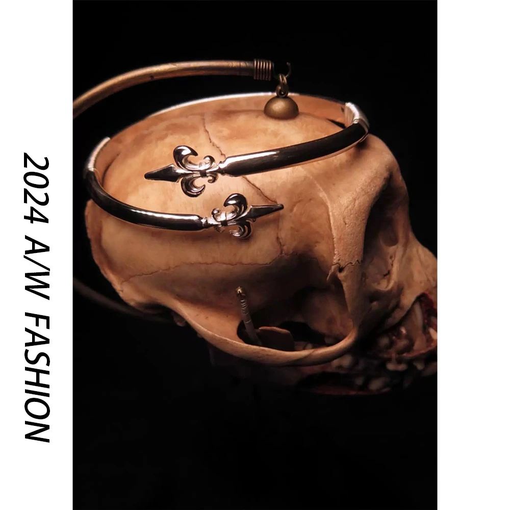 925银手镯 Italy设计【骑士信条】鸢尾花 复古原创手工高级手镯手环