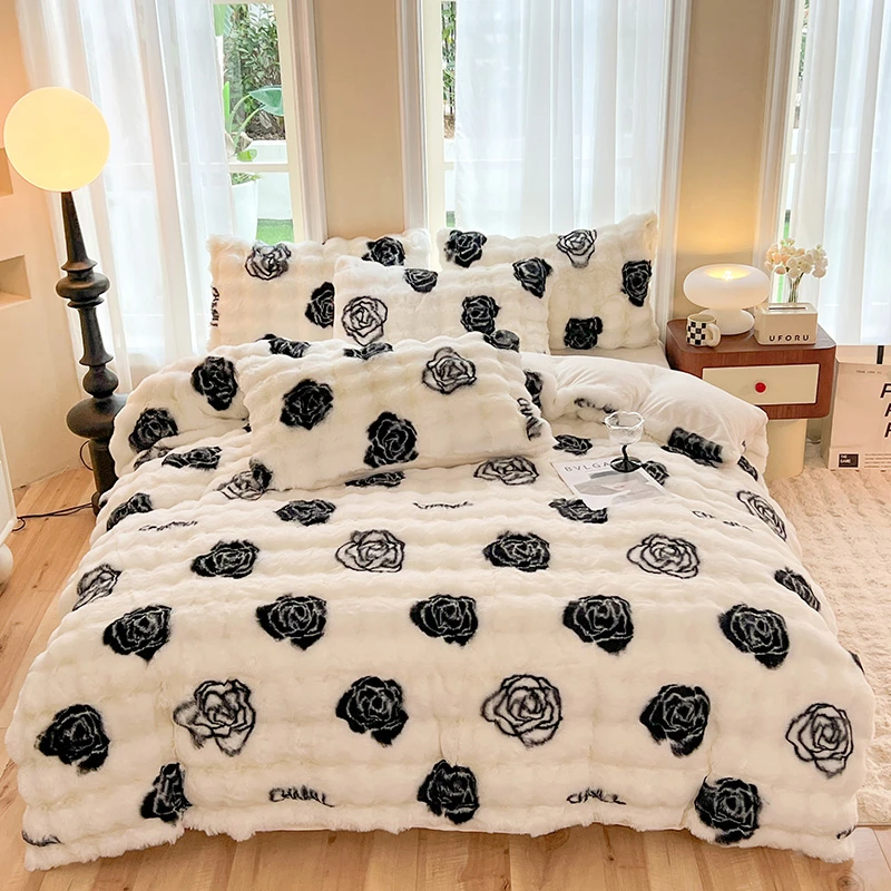 秋冬加厚A面380克兔毛绒B面牛奶绒四件套双人床上用品