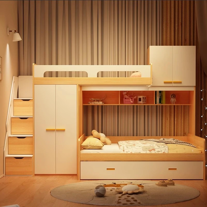 一字型错位儿童上下床双层高低上下床多功能组合一儿一女上下铺