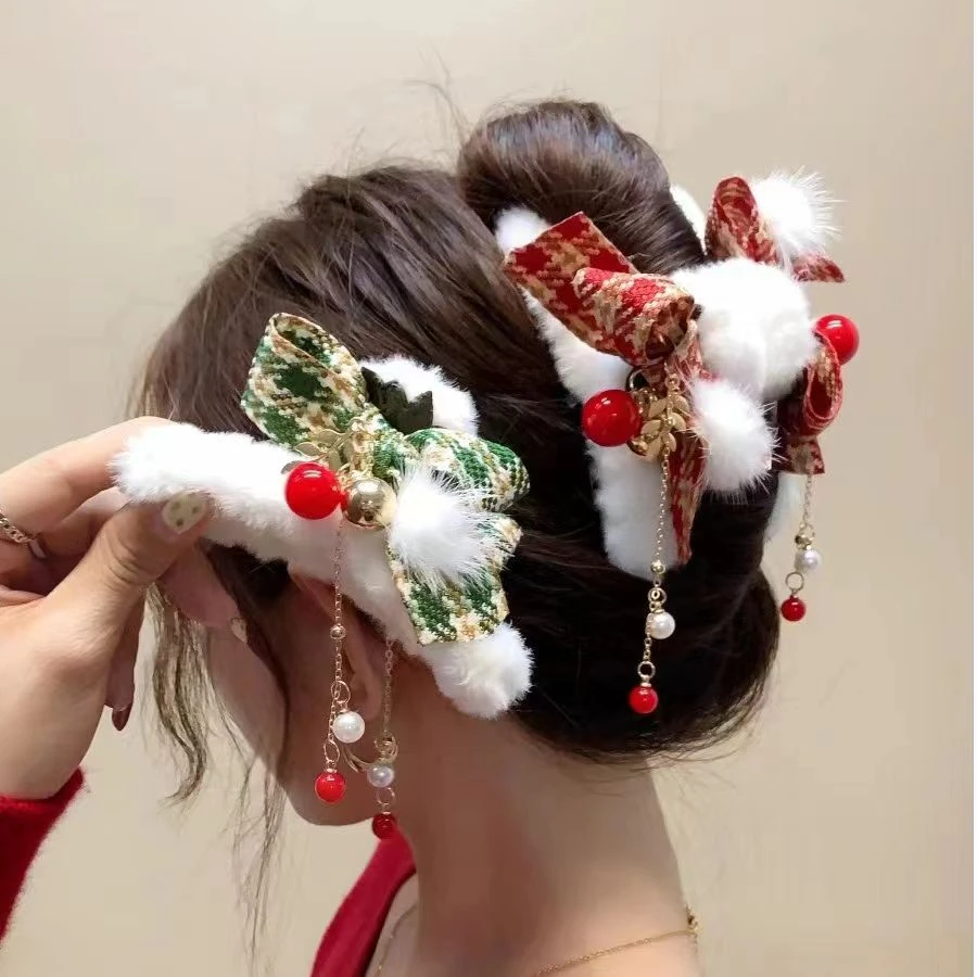 元旦圣诞秋冬毛绒发夹女蝴蝶结大号鲨鱼夹子发夹头饰可爱发饰A091