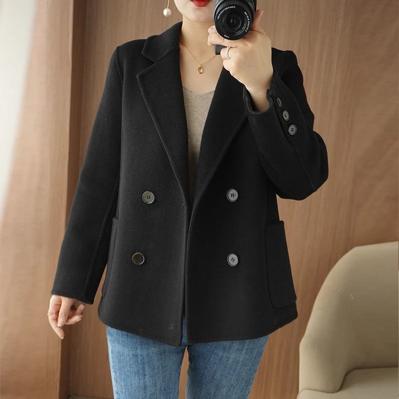 双面羊绒大衣女短款高端宽松小个子西装领100%羊毛毛呢气质外套兜