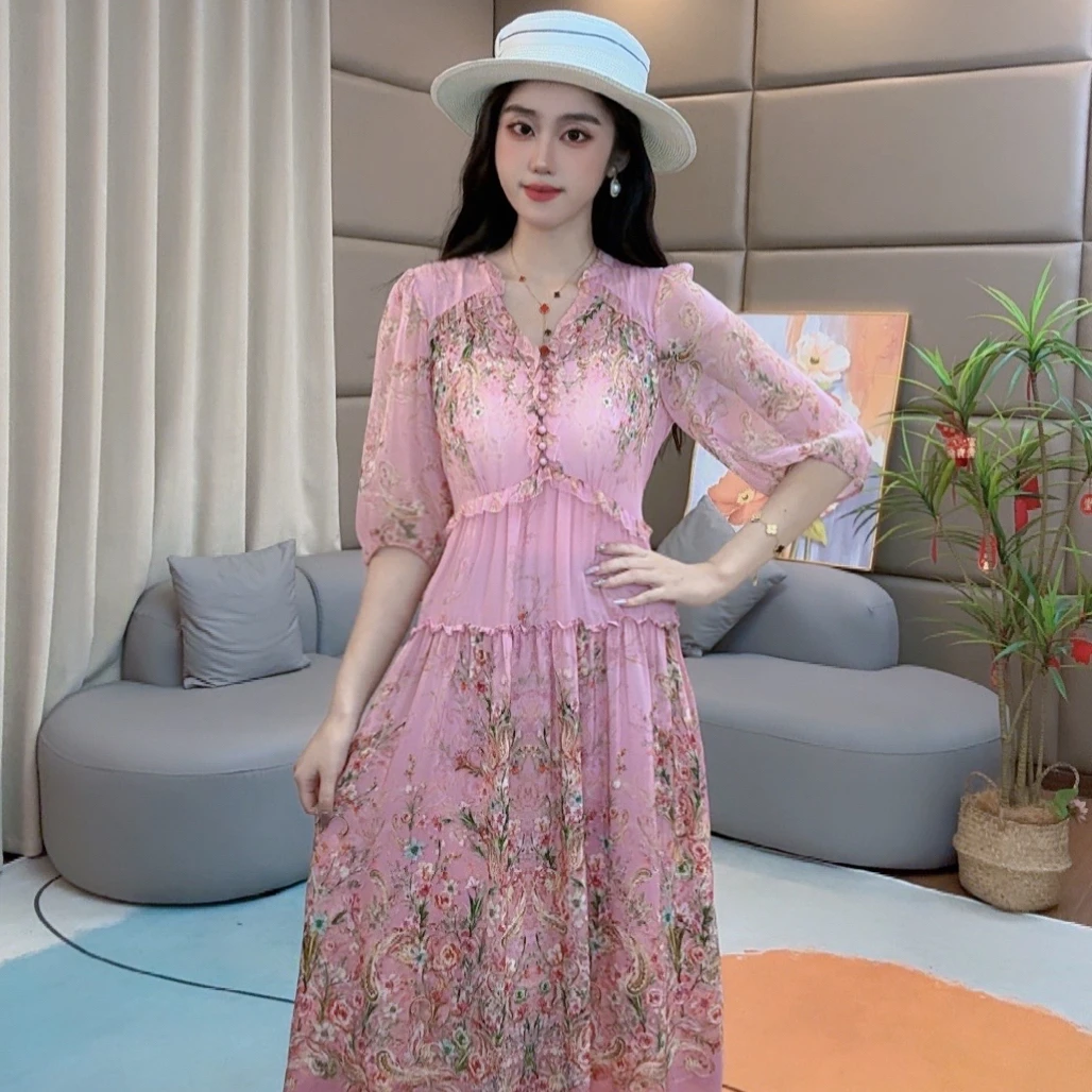 《马洛克女王真丝》樱花粉色定位花显瘦碎花桑蚕丝女装连衣裙 90275