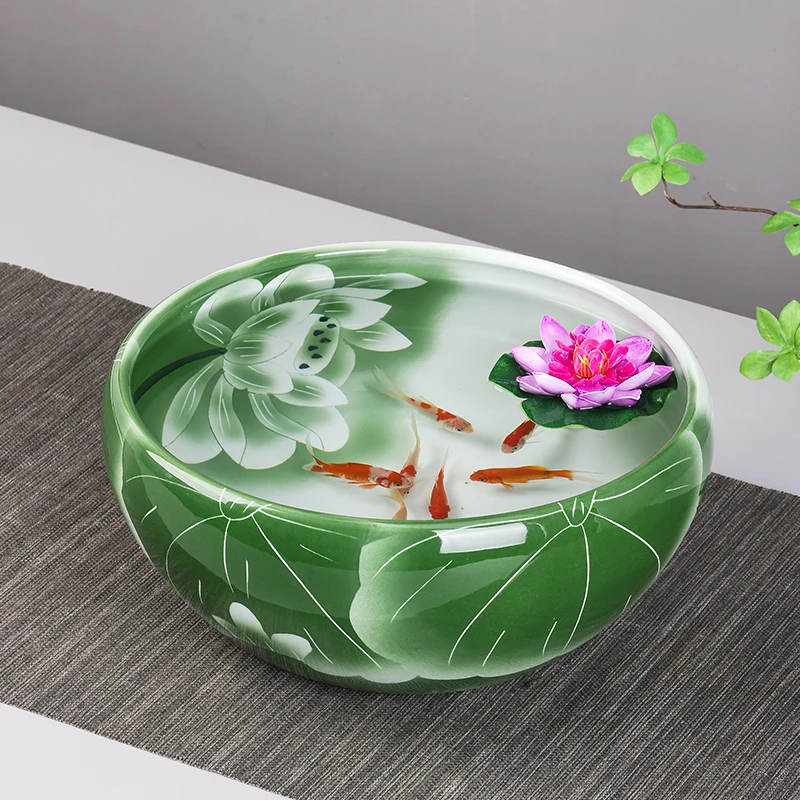 景德镇陶瓷花盆青花瓷荷花盆鱼缸睡莲缸水配花盆桌面造景碗莲水缸