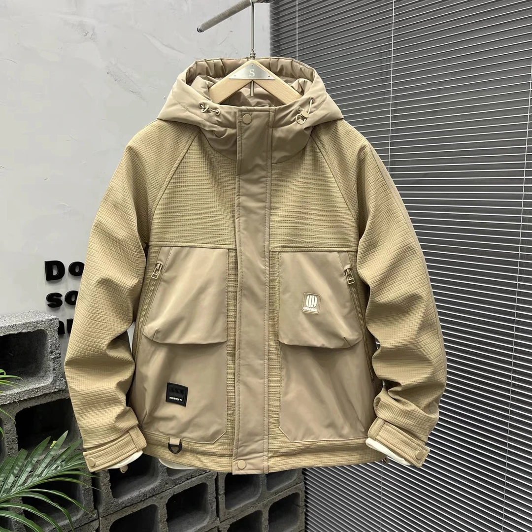 男士春秋薄棉时尚休闲连帽宽松韩版秋冬夹棉外套潮百搭工装上衣