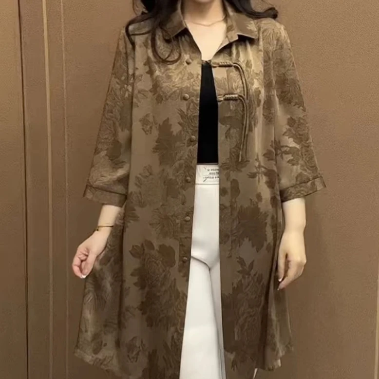 国风花色外套大码180斤开衫夏季中长款宽松复古洋气外搭薄款气质