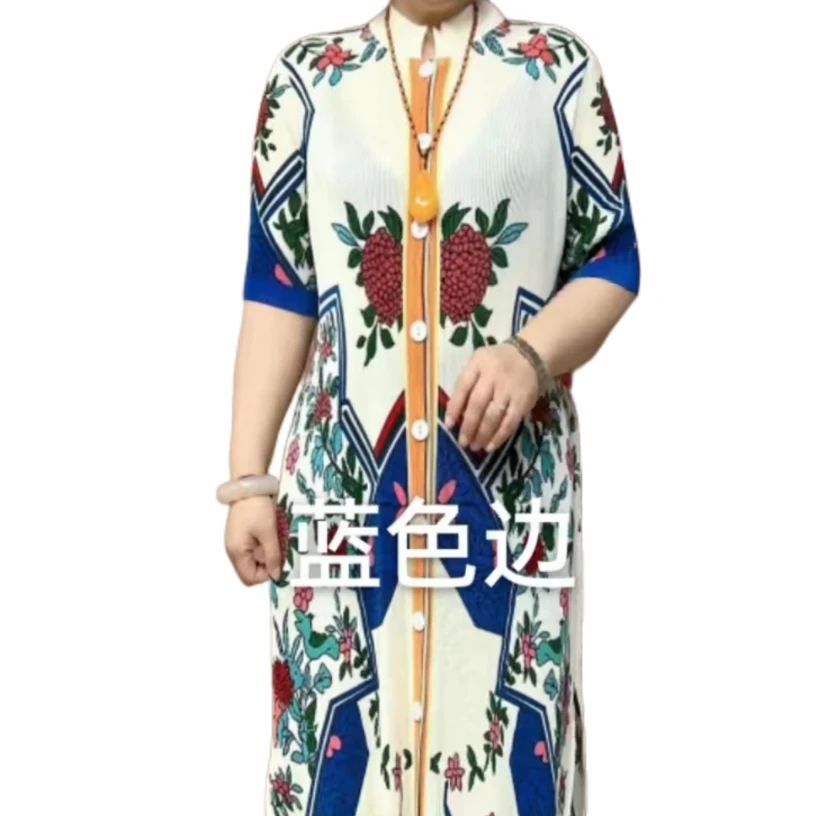 三宅褶皱连衣裙夏季中长款大码短袖减龄印花轻薄透气中老年妈妈装