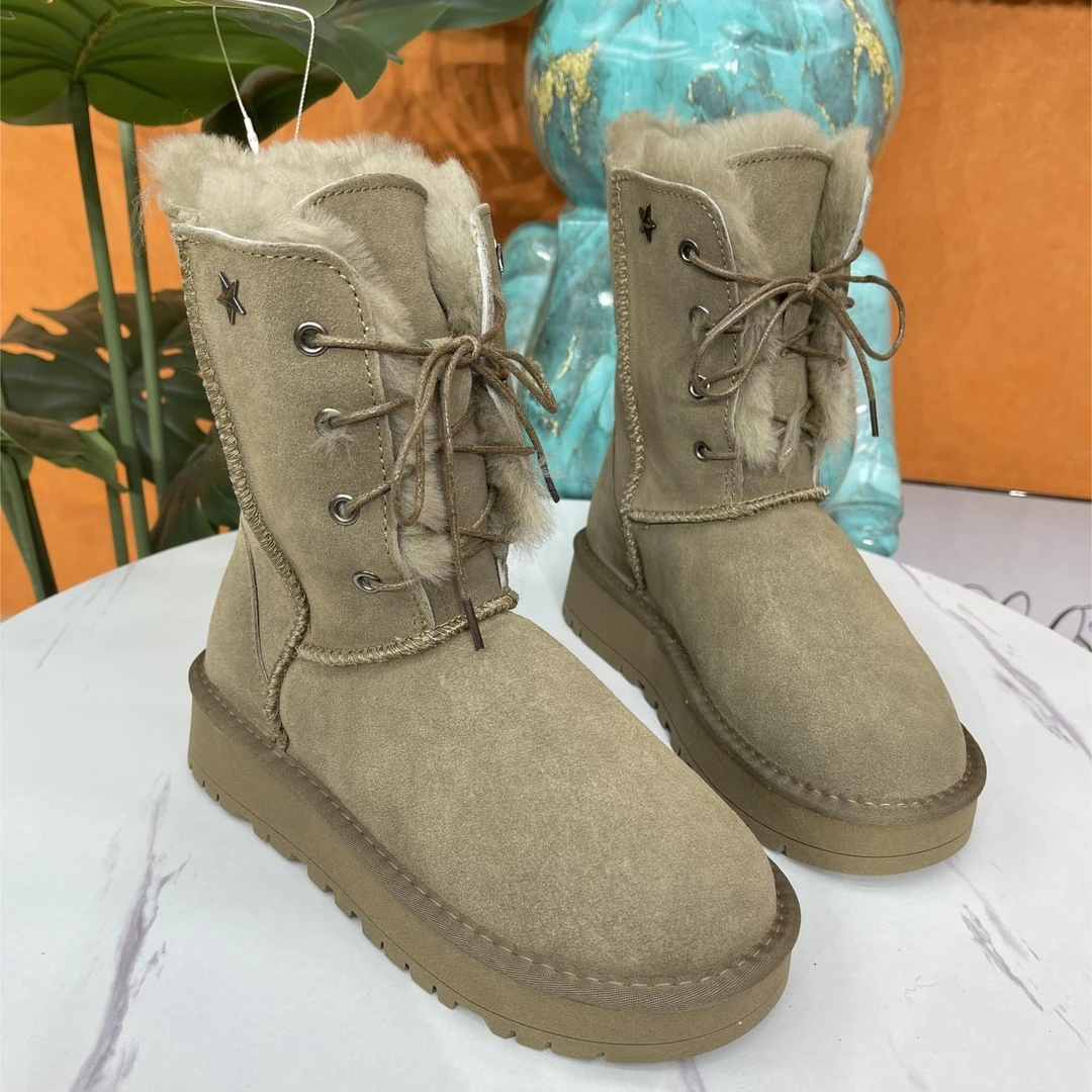 女神冬季新品百搭厚底系带加厚保暖棉靴休闲牛皮羊毛雪地棉女鞋