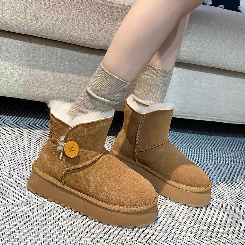 冬季新品百搭松糕厚底牛皮羊毛保暖加厚软底棉鞋秋冬雪地靴3392