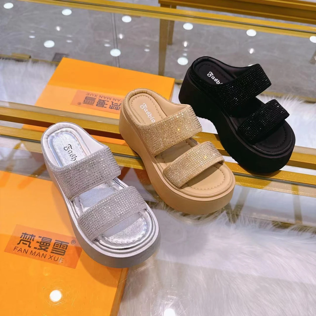 yz水钻满钻凉拖鞋女外穿2024年新款夏季时尚厚底增高舒适一字拖