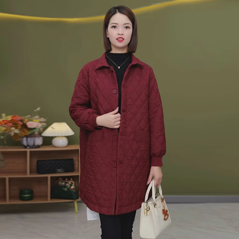 W101中年妈妈装秋冬长袖夹棉中长外套减龄显瘦时尚小衫品质女装