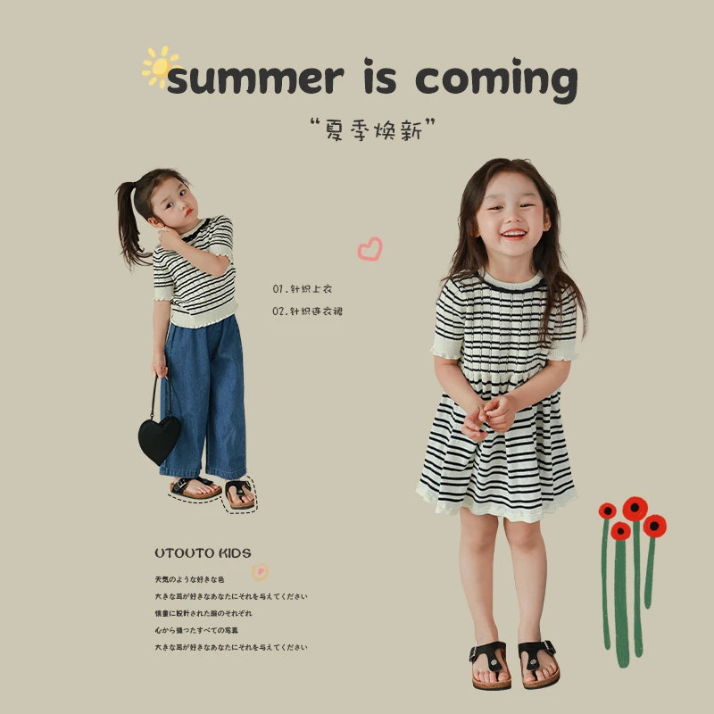 大耳象童装铺女童花边条纹针织系列连衣裙＆上衣2023夏2303241