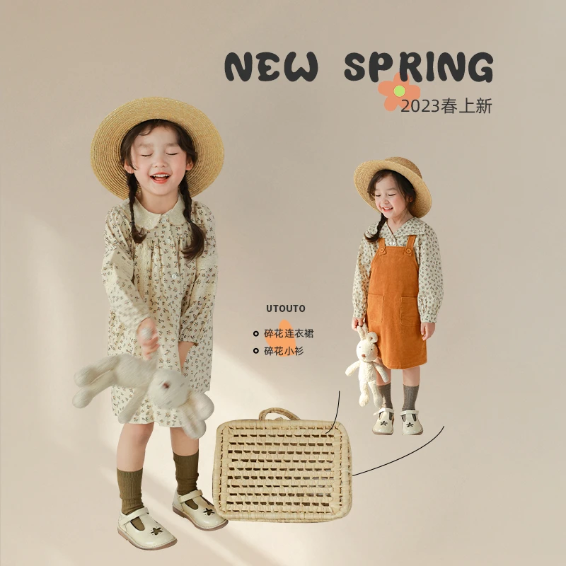 大耳象童装铺女童绣花翻领花边碎花连衣裙＆小衫2023春2301281