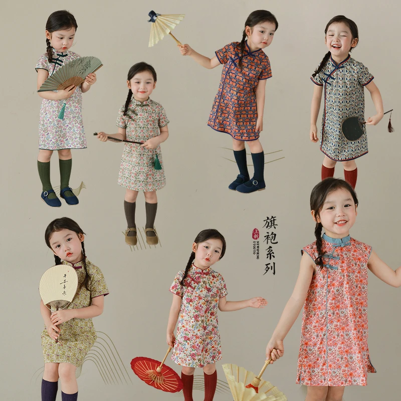 大耳象童装铺女童中式旗袍裙盘扣碎花2023夏季新款2304049