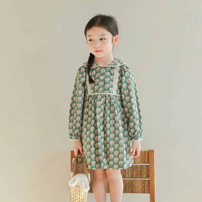 utouto大耳象女童碎花翻领蕾丝边连衣裙2024春季新款2401338