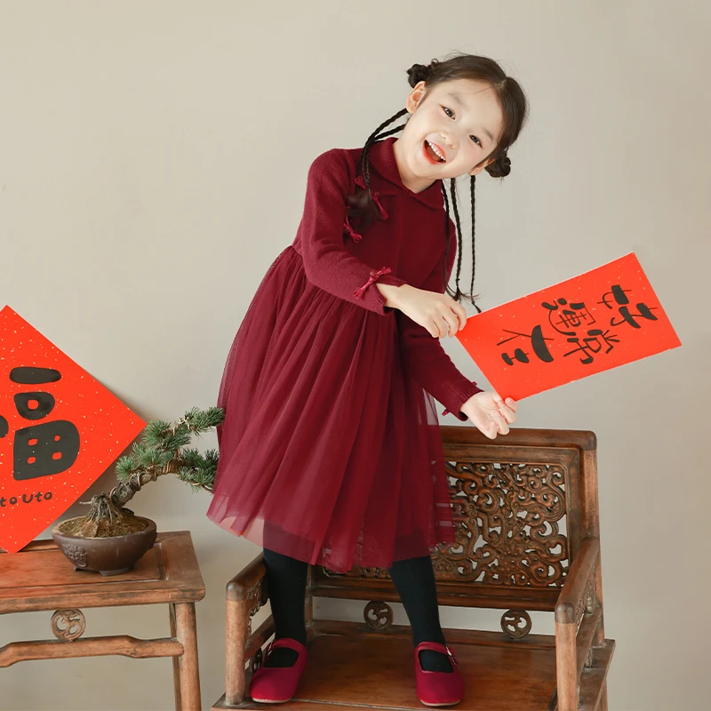 utouto大耳象女童盘扣毛衣连衣纱裙2023冬季新款女宝2309423