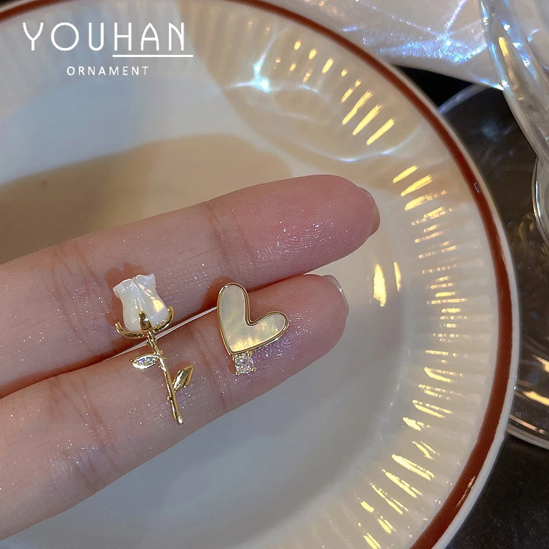 S925银针贝壳花朵不对称耳钉韩国气质网红小众耳环高级感简约耳饰