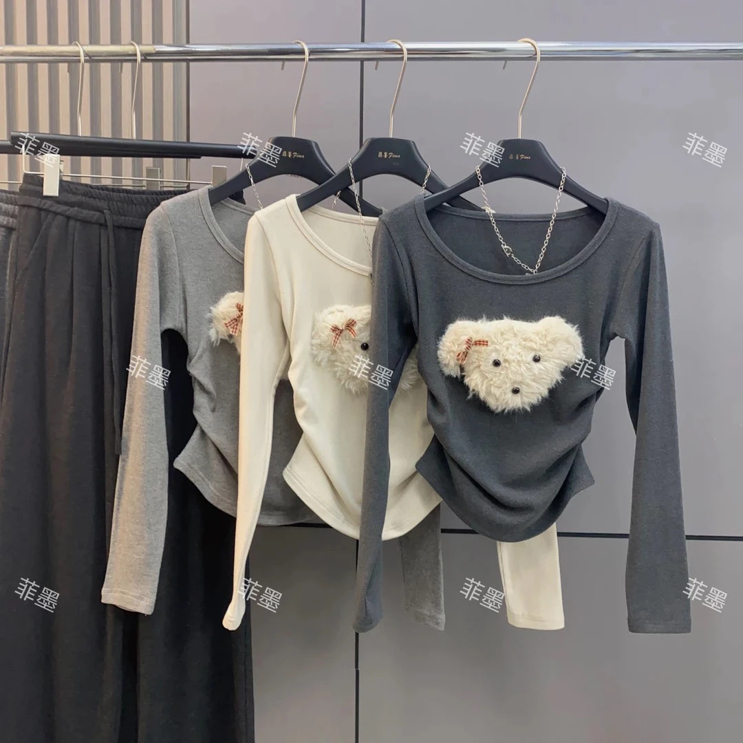 2024秋冬新款纯欲风方领T恤女奶油小狗打底衫长袖上衣