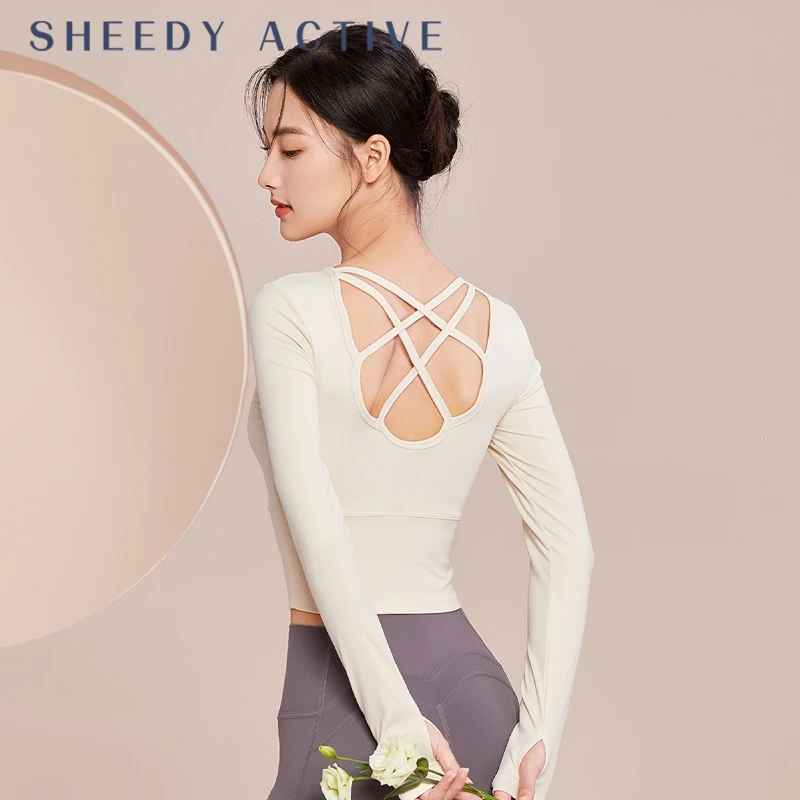 气质美背瑜伽服女套装高级感长袖上衣带胸垫普拉提训练服运动健身