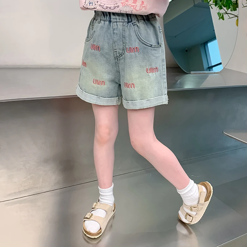 女童2025夏季新款时尚休闲韩版洋气百搭字母刺绣牛仔短裤DY60645