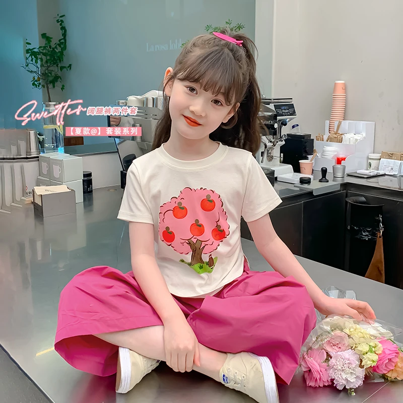2025夏季新款儿童洋气休闲韩版卡通印花短袖+阔腿裤套装X12111