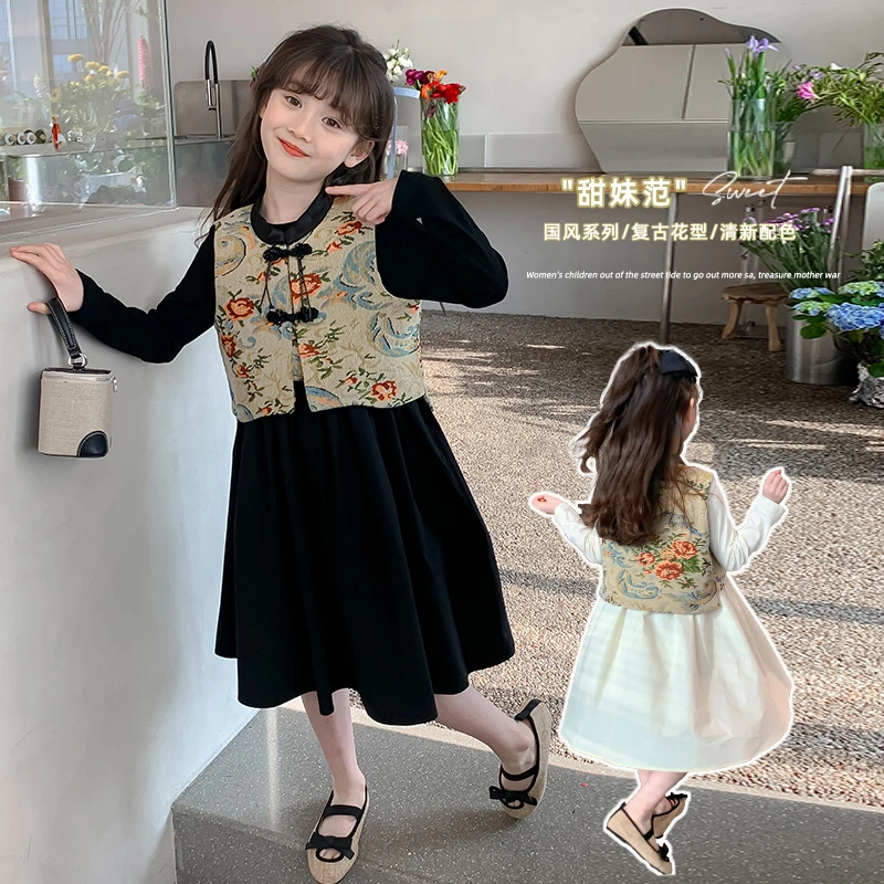 女童2024春秋新款儿童国风复古花洋气汉服连衣裙两件套DY11841