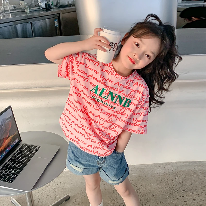 2025新款儿童休闲半袖女童洋气时尚夏季女孩印花针织衫DY10694