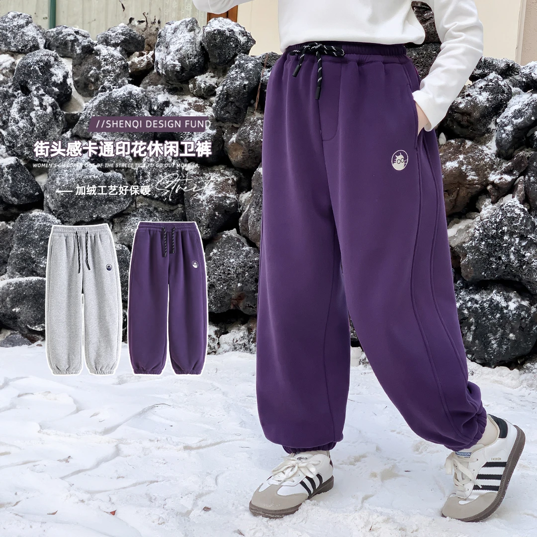 女童秋冬加绒卫裤2025秋冬新款儿童卡通印花中大童休闲卫裤Q12932