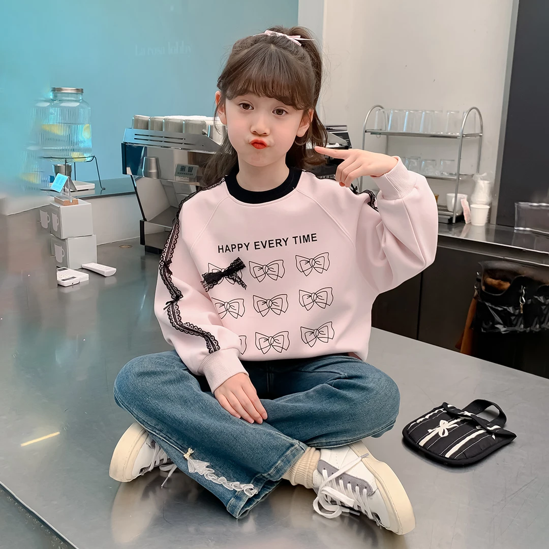 女童2025春秋季新款春秋长袖洋气圆领韩版蕾丝卫衣宽松套头Q12622